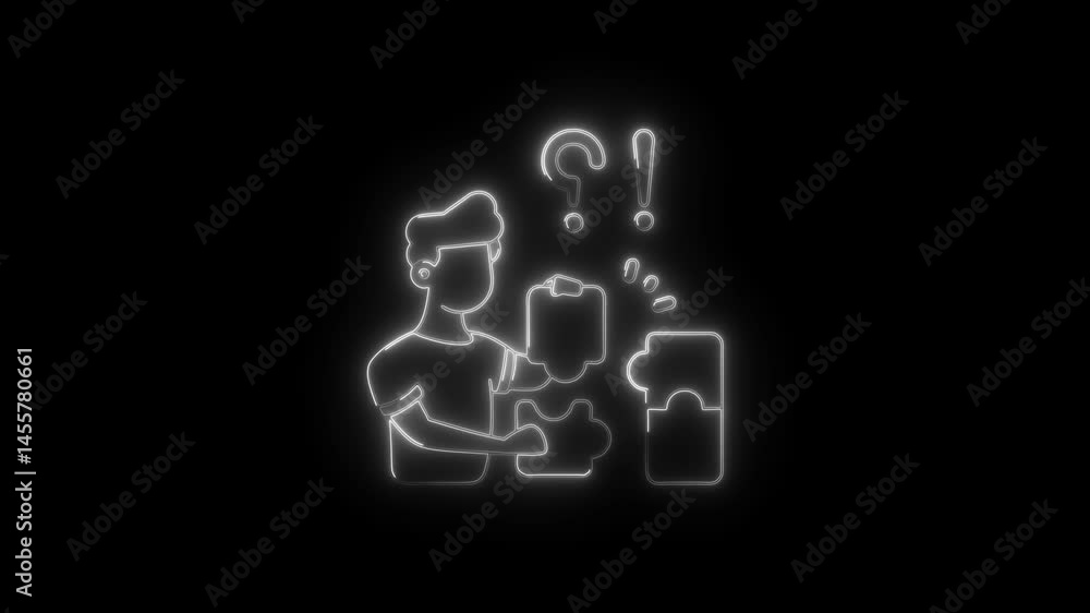 Poster solving problems man and jigsaw puzzle neon style on black background