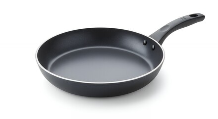 Isolated overhead view of a black frying pan with handle on white background