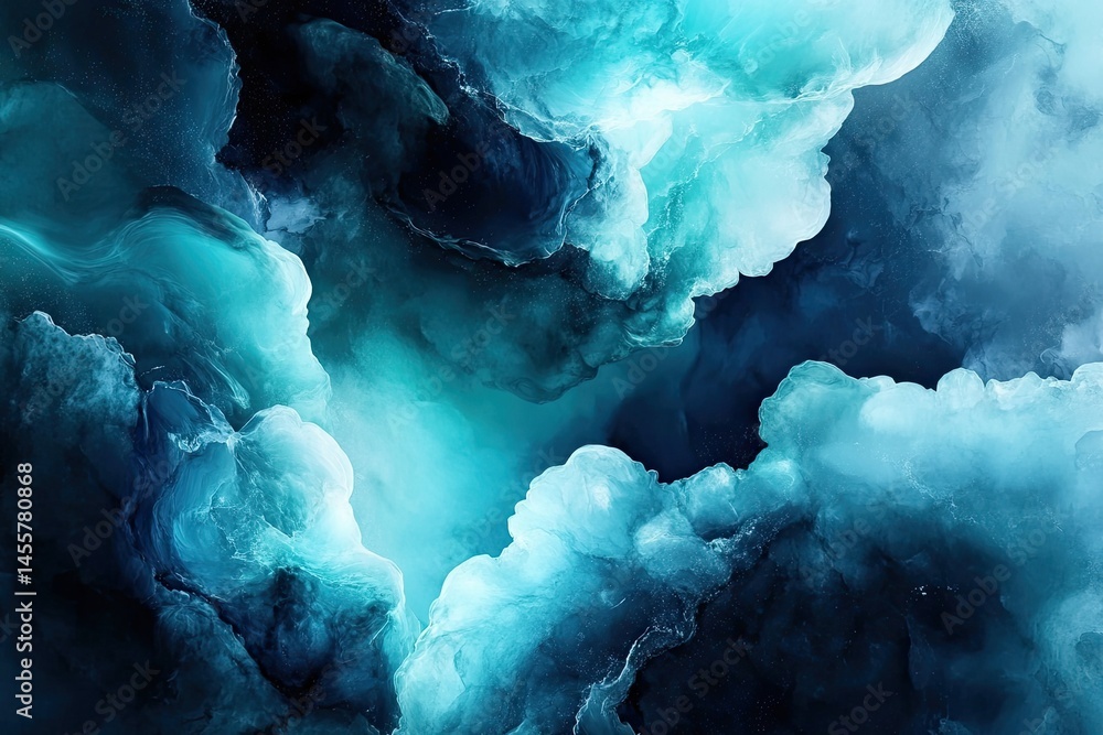Poster abstract swirling clouds of teal and dark blue hues. layers of color blend into an ethereal composit