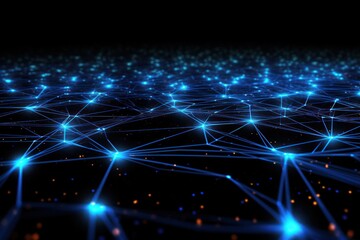 A futuristic digital surface with glowing circuit patterns and neon blue lines running through a sleek black background