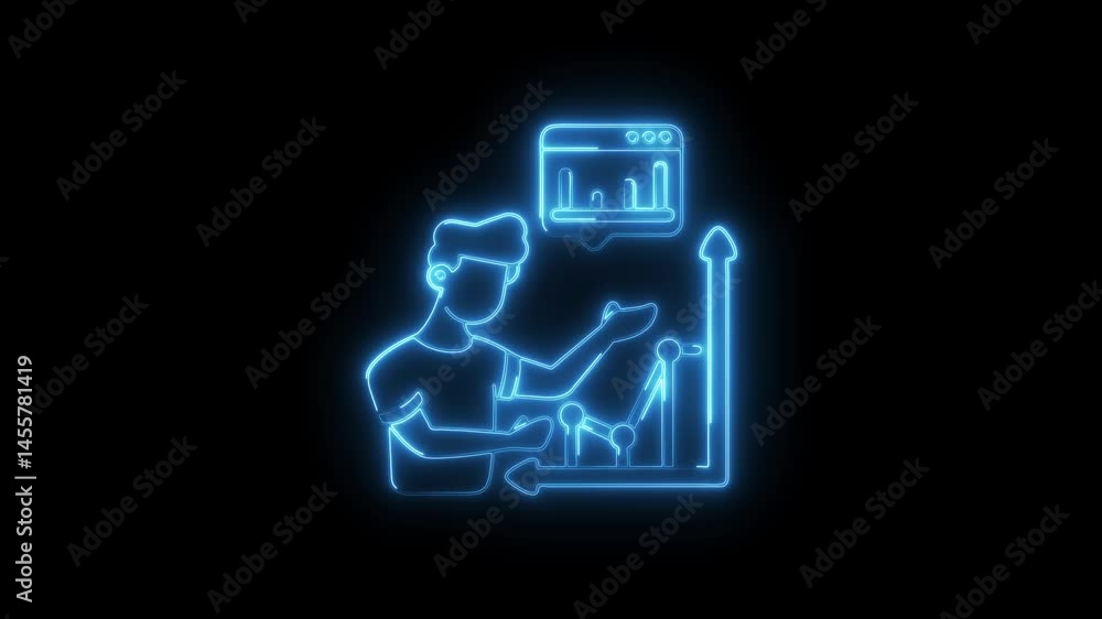 Poster neon style data analysis illustration with man and graph on black background