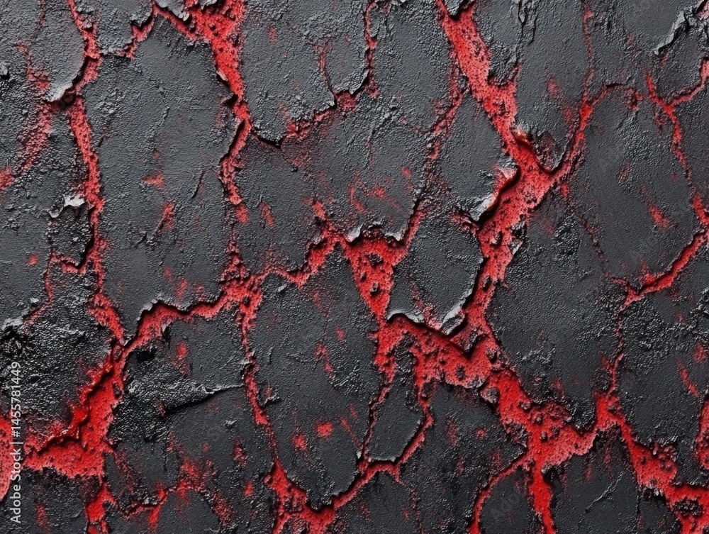 Poster abstract texture of dark gray surface with bright red veins and cracks for background use