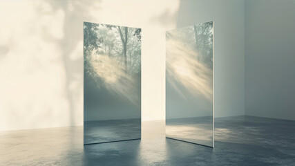 Conceptual still life with two vertical mirrors and sunlight reflections on wall and floor, studio interior