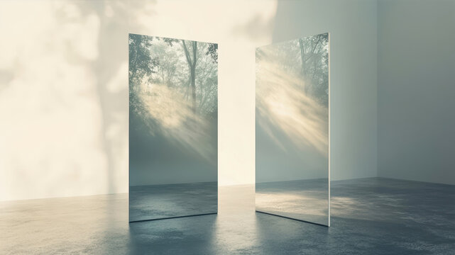 Conceptual still life with two vertical mirrors and sunlight reflections on wall and floor, studio interior