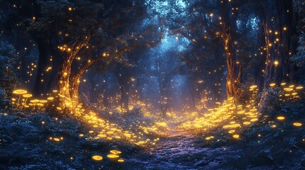 Naklejka premium A bioluminescent forest at twilight, with glowing mushrooms and fireflies dancing around ancient trees.