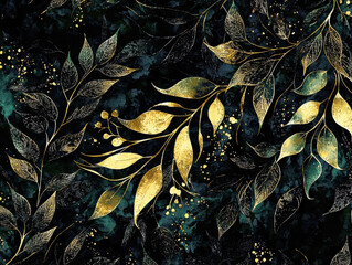 Elegant gold and black botanical pattern with leaves and branches on dark background, creating luxurious and sophisticated design