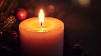 Warm, glowing candle illuminates festive decorative items.