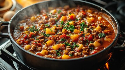 A bubbling pot of homemade stew simmers on a stovetop, promising a flavorful and satisfying meal.