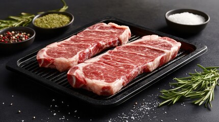 Fototapeta premium Two raw steaks on a dark grilling pan, ready for cooking.