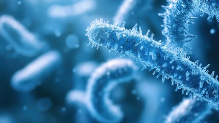 Blue toned microscopic image of a virus. Use this to illustrate disease or medical research.