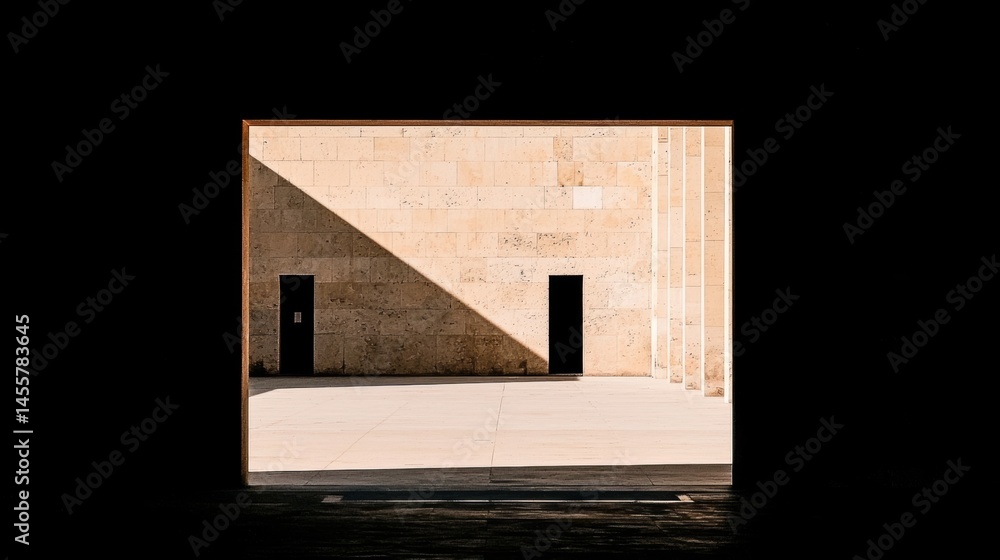 Poster a building with a large window and two doors.