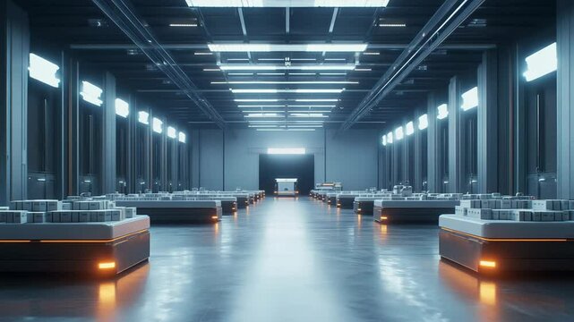 A large, empty room with a bright orange light shining down on it. The room is filled with boxes and shelves, and the walls are white. The atmosphere is bright and sterile