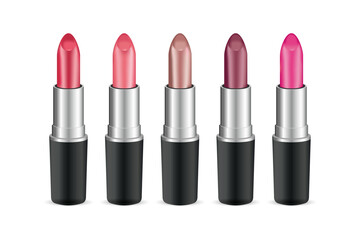 Obraz premium Set of realistic illustration of a classic lipsticks on white background good for cosmetic product design, beauty blogs, promotional materials.