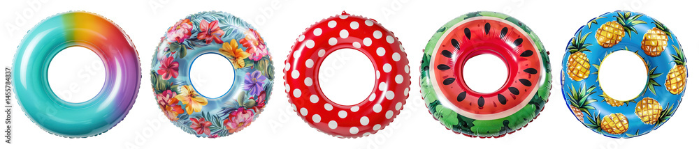 Poster png colorful inflatable pool floats, element set on transparent background