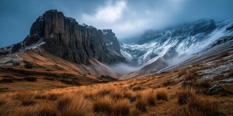 Misty Cliffside Mountain Rising Above Golden Grass Hillside in Autumn Light, Dramatic Landscape with Steep Rocky Slopes, Rugged Nature Scene Evoking Solitude, Wilderness, and Majestic Elevation