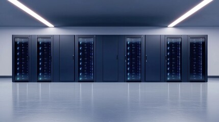A row of black server racks with blue lights.