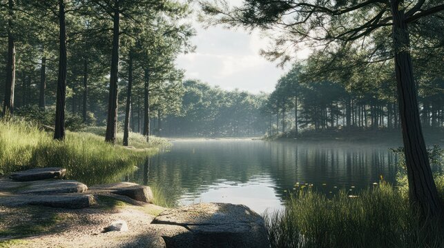 Serene tranquil natural river landscape with calm water surrounded by lush green trees and vegetation under a partly cloudy sky in a peaceful outdoor setting