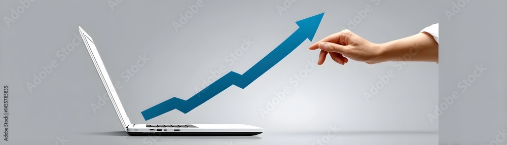 Poster the hands of a financial advisor gesturing towards a financial growth chart on a laptop screen, with