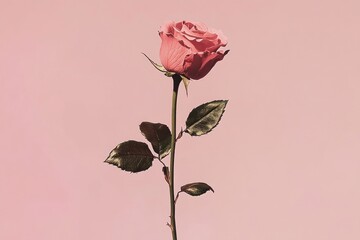 delicate pink rose on matte pink background, stylized floral art
