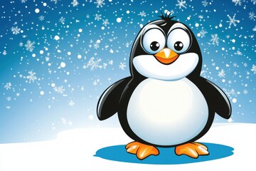 Cartoon Penguin in Winter Wonderland with Falling Snowflakes and Blue Background Illustration