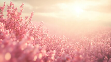 Naklejka premium Bright vibrant pink flowe cherry blossom trees in full bloom du sp with soft sunlight and a blurred background creating a peaceful outdoor scene