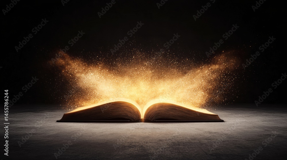 Poster an open book with a bright light emanating from the pages.