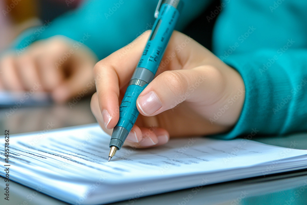 Poster focused student writing during test exam in classroom surrounded by classmates during study session 