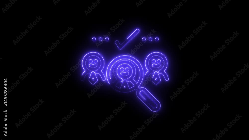 Poster neon human resources finding talents animation with checkmark on black background