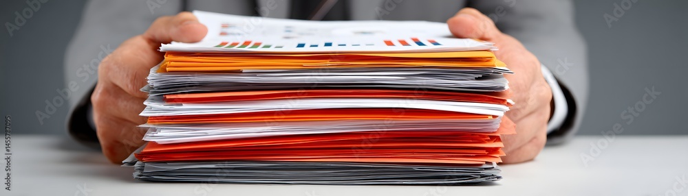 Poster the hands of a financial advisor holding a stack of financial documents, with a wealth management ch