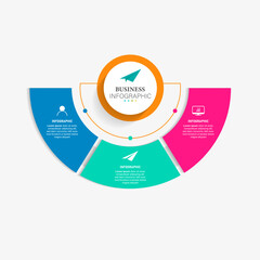 Business infographic semi circle template with 3 options. Can be used as a chart, workflow layout, diagram, data visualization, minimalistic web banner.