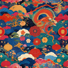 Ornate Red Gold Blue Chinese Celestial Cloud and Floral Motif