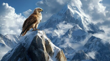 Fototapeta premium Majestic Golden Eagle Perched on Rugged Mountain Peak Overlooking Snow-Capped Mountain Range and Sky with Clouds in the Background Du Daylight