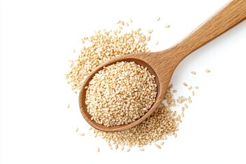Wooden spoon with heap of sesame seeds healthy food ingredient diet grain white beige plant macro