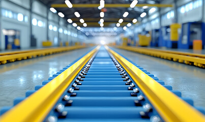 Obraz premium A brightly lit indoor railway workshop with yellow and blue train tracks extending into the distance.