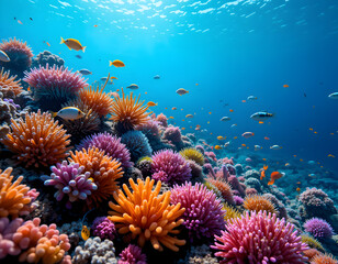 Obraz premium Vibrant Underwater Coral Reef Scene with Swimming Fish