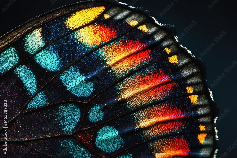 Poster macro view of a butterfly wing displaying vibrant colors and intricate patterns on a dark background