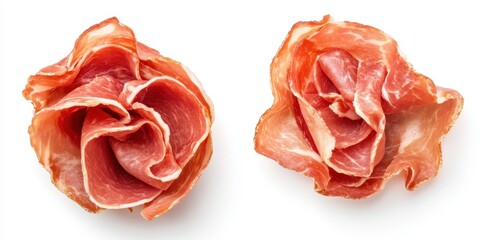 Delicious rose shaped prosciutto ham slices isolated on white background red meat food pink pork