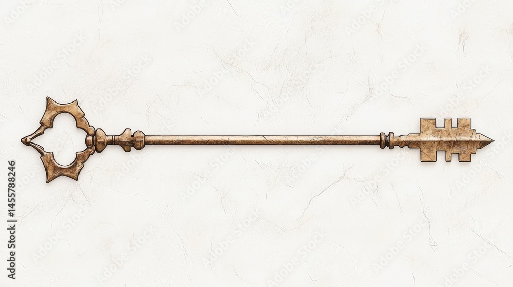 Poster a golden key with a pointed end and a geometric pattern on the shaft.