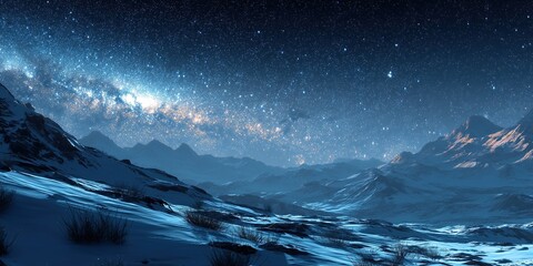 Fototapeta premium Night view of Arctic region with snowy mountains and aurora borealis