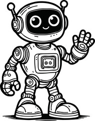 black and white line art vector cartoon  friendly robot isolated for coloring page.A robot cartoon cute fun alien mascot character man illustrations