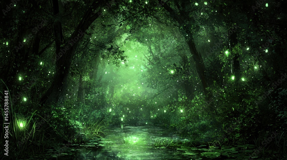 Poster a mystical forest scene with a stream of light reflecting on the water's surface.