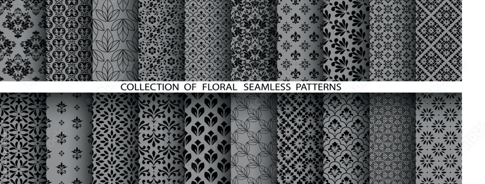 Aufkleber Geometric floral set of seamless patterns. Gray and black vector backgrounds. Damask graphic ornaments