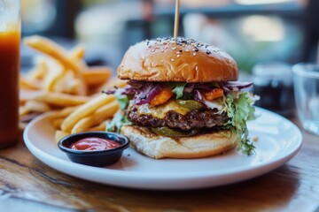 delicious juicy hamburger placed on a clean white plate