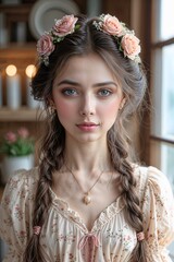 Romantic Portrait of Young Woman with Floral Crown in Vintage Cottagecore Style, a young beautiful girl