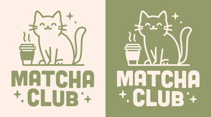 Matcha club latte cat lovers squad green tea retro vintage groovy aesthetic badge sticker shirt design logo. Funny healthy girl community cute Japanese Korean pet cafe printable gift poster print.