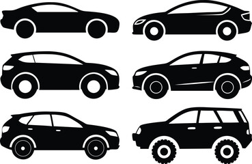Black cars silhouette collection. Auto hatchbacks side view vehicle transport for web, apps, graphics, icons, and econ design projects. compact futuristic electric flat city car set.