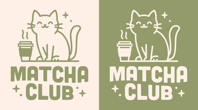 Matcha club latte cat lovers squad green tea retro vintage groovy aesthetic badge sticker shirt design logo. Funny healthy girl community cute Japanese Korean pet cafe printable gift poster print.