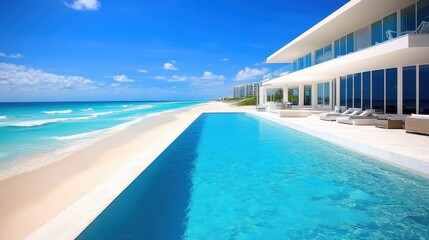 Fototapeta premium Luxury Beachfront Residence with Infinity Pool and Tropical Ocean Vista a Paradise Retreat for Relaxation and Luxurious Vacation
