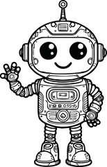 black and white line art vector cartoon  friendly robot isolated for coloring page.A robot cartoon cute fun alien mascot character man illustrations
