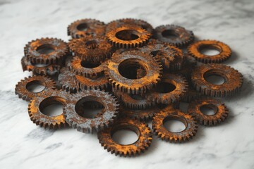 Pile of rusted and corroded metal gears lying on a white marbled surface, aged and weathered.